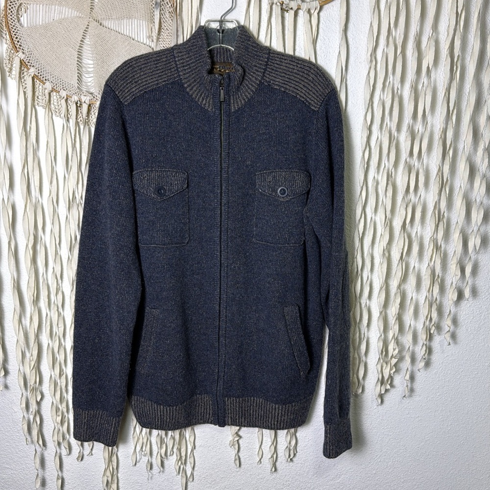 Pronto Uomo 100% Wool Zip Front Men's Sweater Jacket in Blue and Taupe Size L